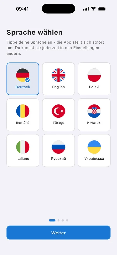 Sprachauswahl beim ersten Start von CRAFTWERK mit neun Flaggen: Deutsch, English, Polski, Română, Türkçe, Hrvatski, Italiano, Русский, Українська