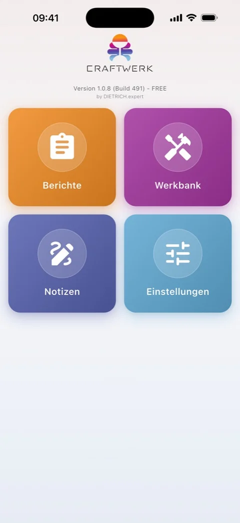 CRAFTWERK Startbildschirm auf dem iPhone mit den vier Bereichen Berichte, Werkbank, Notizen und Einstellungen