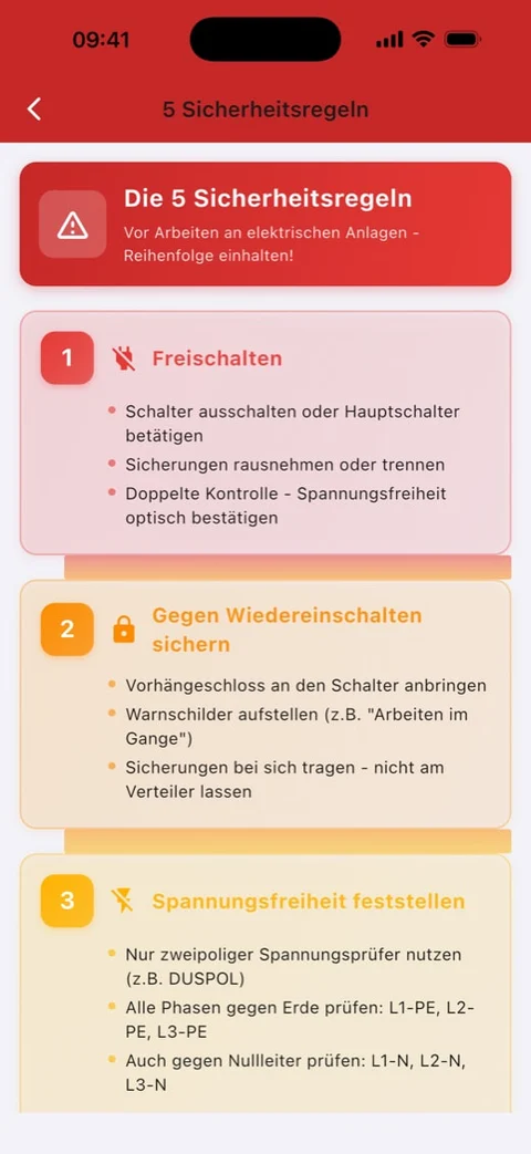 Die 5 Sicherheitsregeln in CRAFTWERK, Schritt für Schritt: Freischalten, gegen Wiedereinschalten sichern, Spannungsfreiheit feststellen